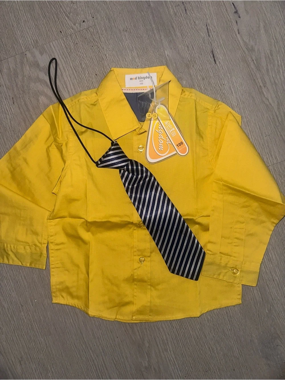 Amazon Kids Yellow Dress Shirt with Navy & White Striped Tie